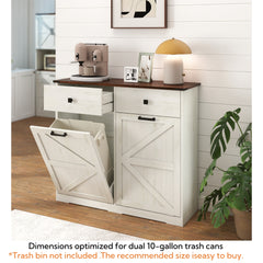 Farmhouse Double Tilt Out Trash Cabinet for 20 Gallon Trash Cans, Free Standing Recycling Cabinet with Hideaway Drawer, Barn Door Style Laundry Sorter Cabinet, Tilt Out Trash Cabinet for Kitchen