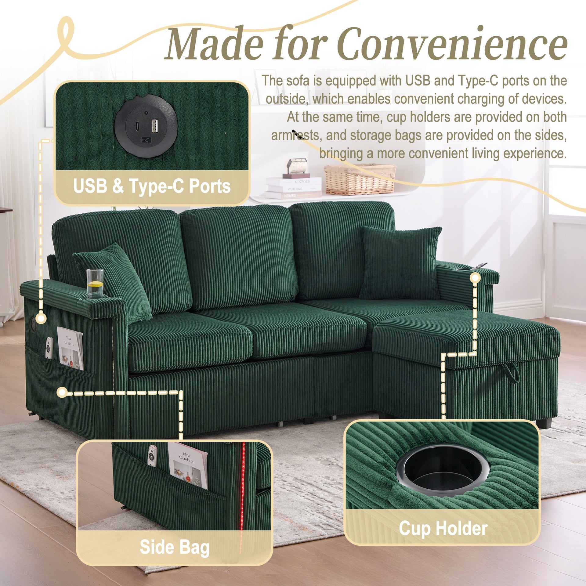 UNITED WE WIN L-Shaped Sectional Sofa with Pull-Out Storage,Ottoman & Pillows 3-Seat with USB Charging,Cup Holder, Convertible Design for Living Room, Apartment, Corduroy Fabric
