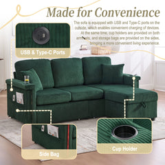 UNITED WE WIN L-Shaped Sectional Sofa with Pull-Out Storage,Ottoman & Pillows 3-Seat with USB Charging,Cup Holder, Convertible Design for Living Room, Apartment, Corduroy Fabric