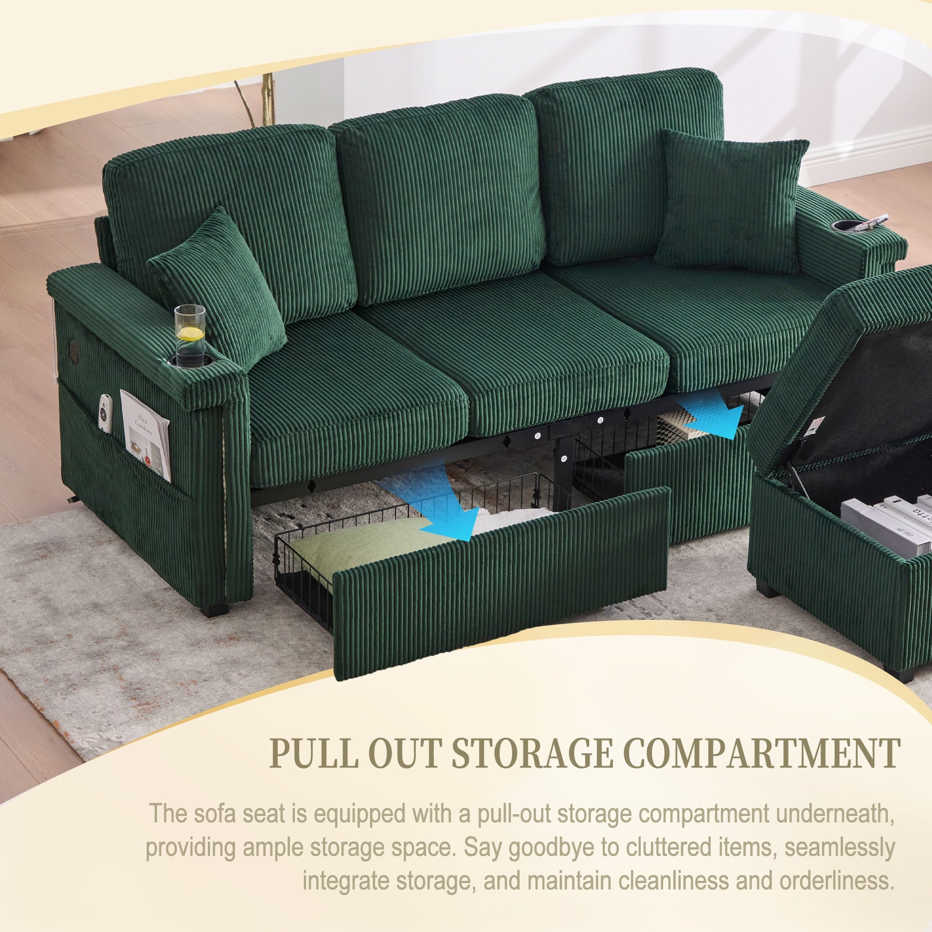 UNITED WE WIN L-Shaped Sectional Sofa with Pull-Out Storage,Ottoman & Pillows 3-Seat with USB Charging,Cup Holder, Convertible Design for Living Room, Apartment, Corduroy Fabric