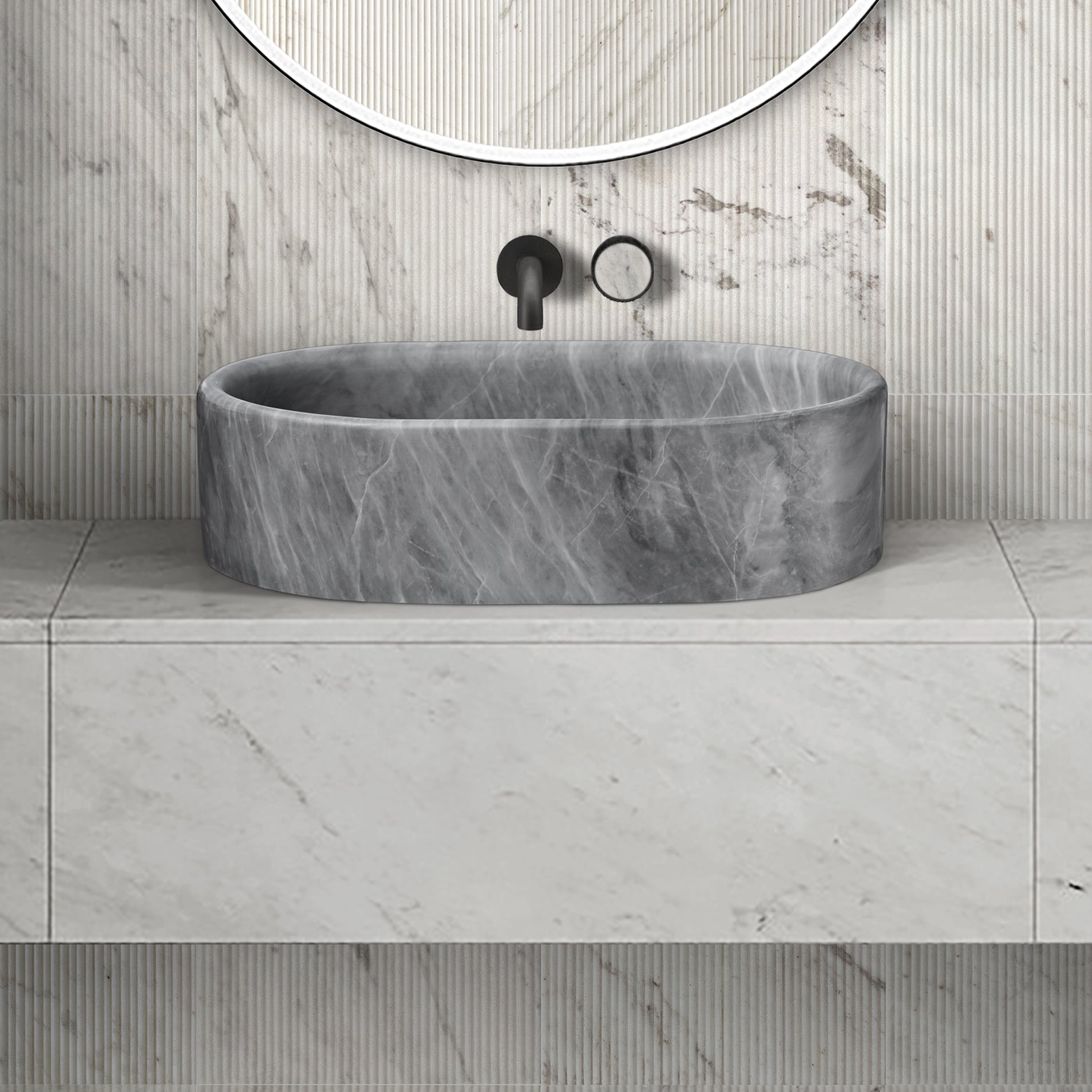 Carrara Gray natural marble bathroom vessel sink, semi-polished surface, natural stone, genuine marble, real marble, 23.6x15.7xH5.9 Inches/600X400XH150 mm