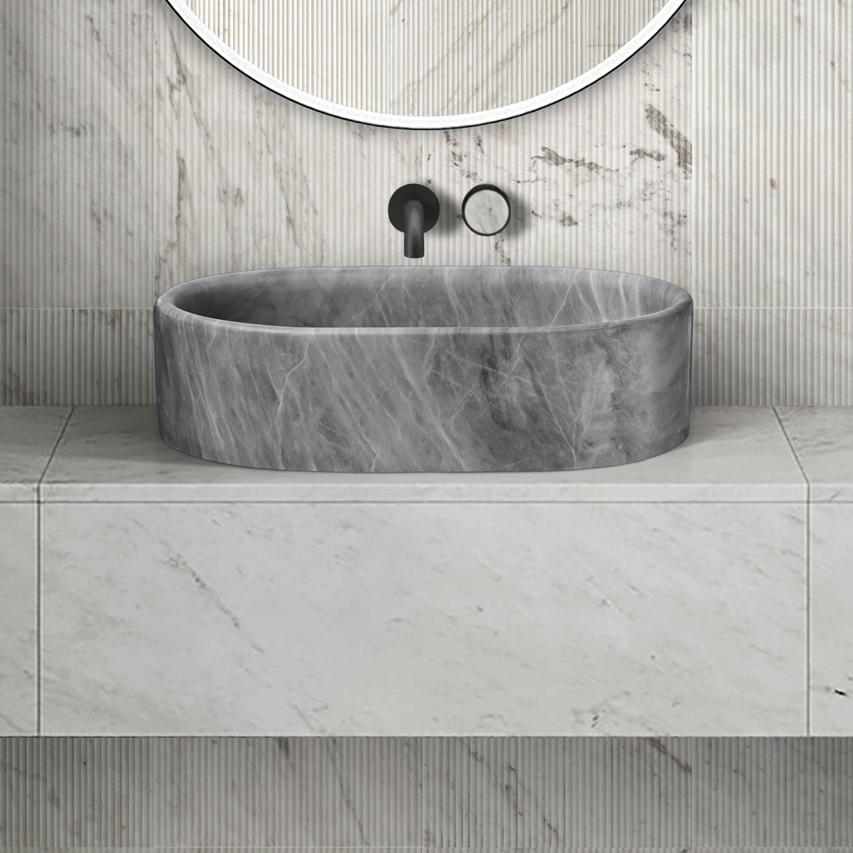 Carrara Gray natural marble bathroom vessel sink, semi-polished surface, natural stone, genuine marble, real marble, 23.6x15.7xH5.9 Inches/600X400XH150 mm