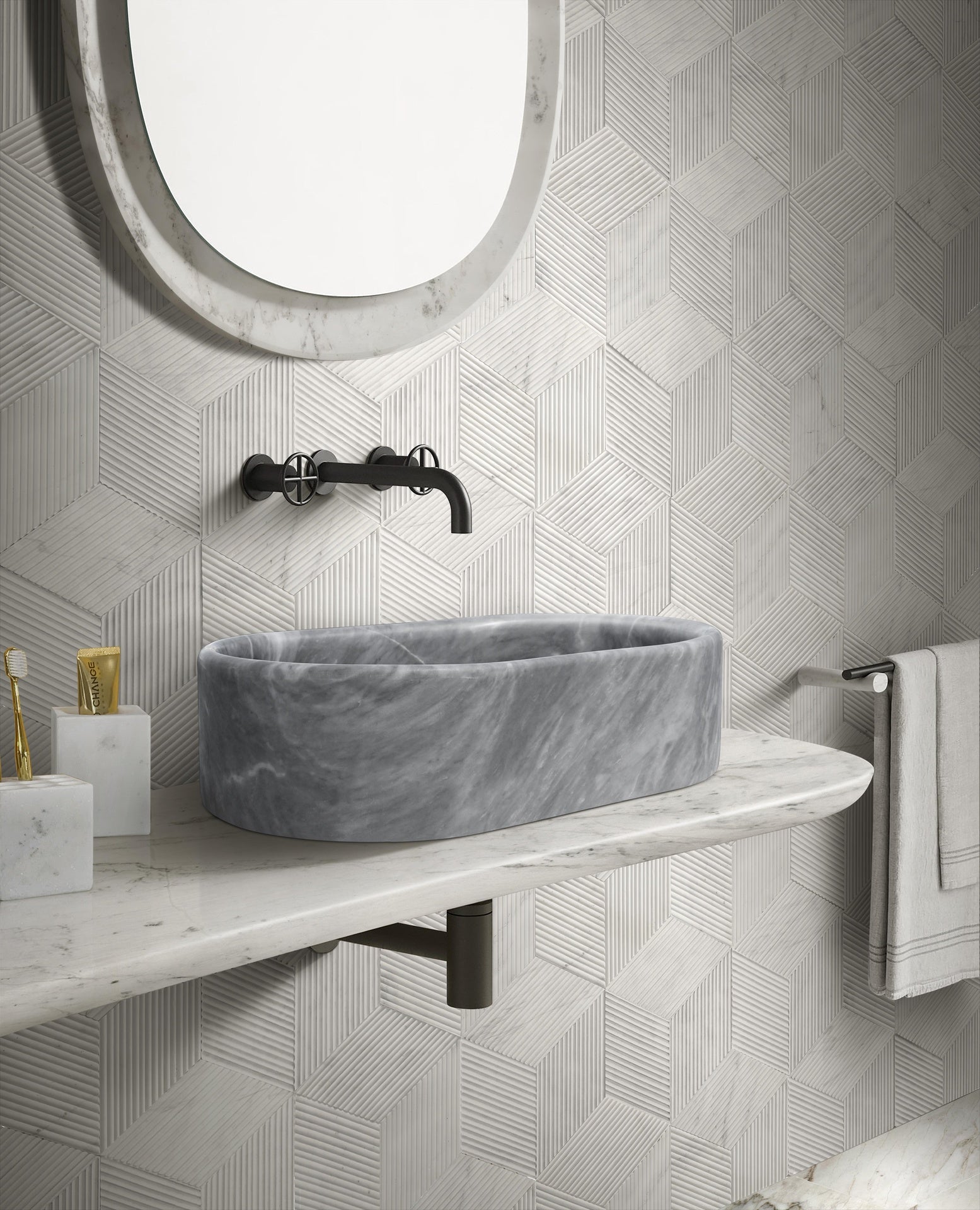 Carrara Gray natural marble bathroom vessel sink, semi-polished surface, natural stone, genuine marble, real marble, 23.6x15.7xH5.9 Inches/600X400XH150 mm