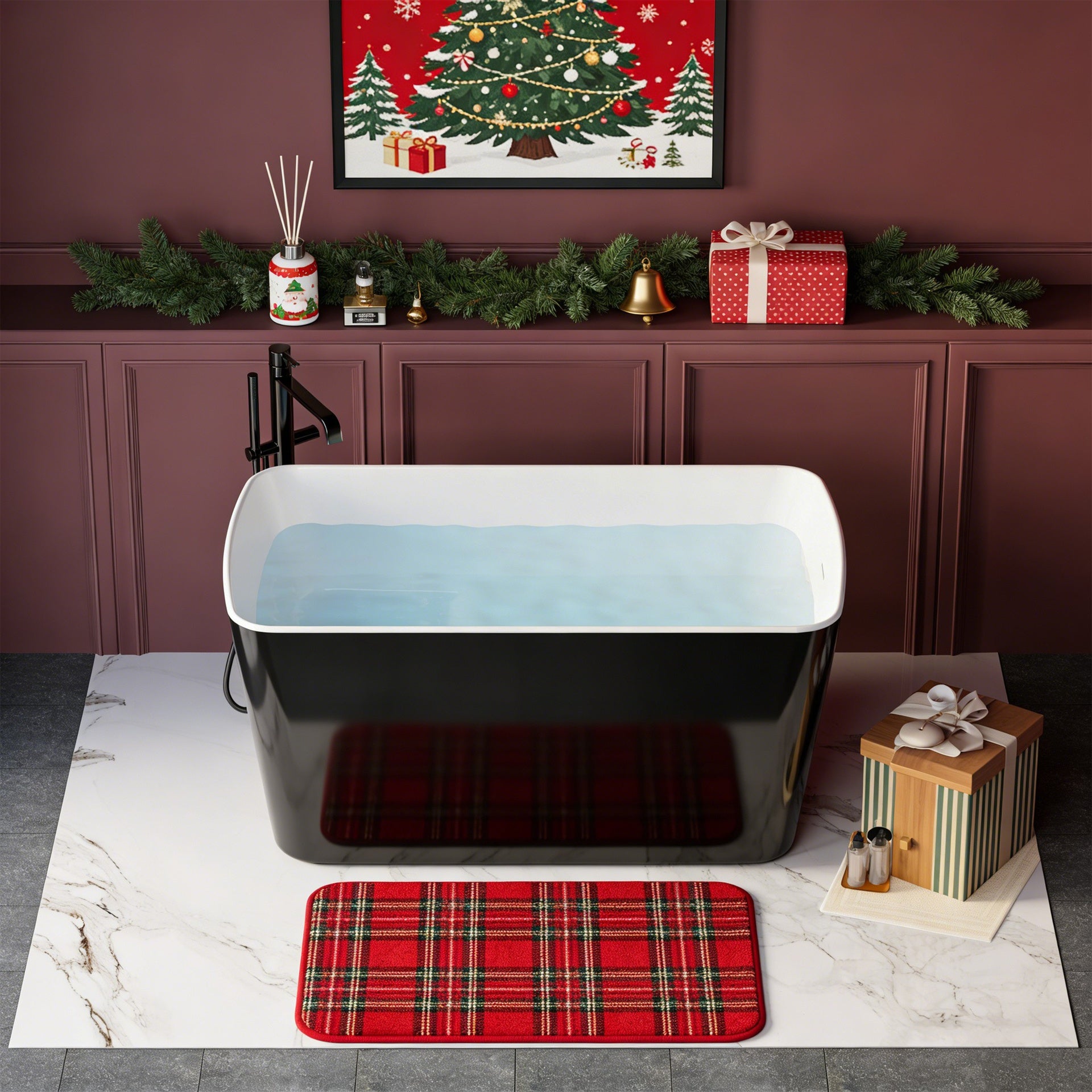 49'' x 28'' Acrylic Freestanding Soaking Bathtub, Square-shape Japanese Soaking Hot Tub, Sit-In Design with Chrome Overflow and Drain, Glossy Black GF-23AMA-49B