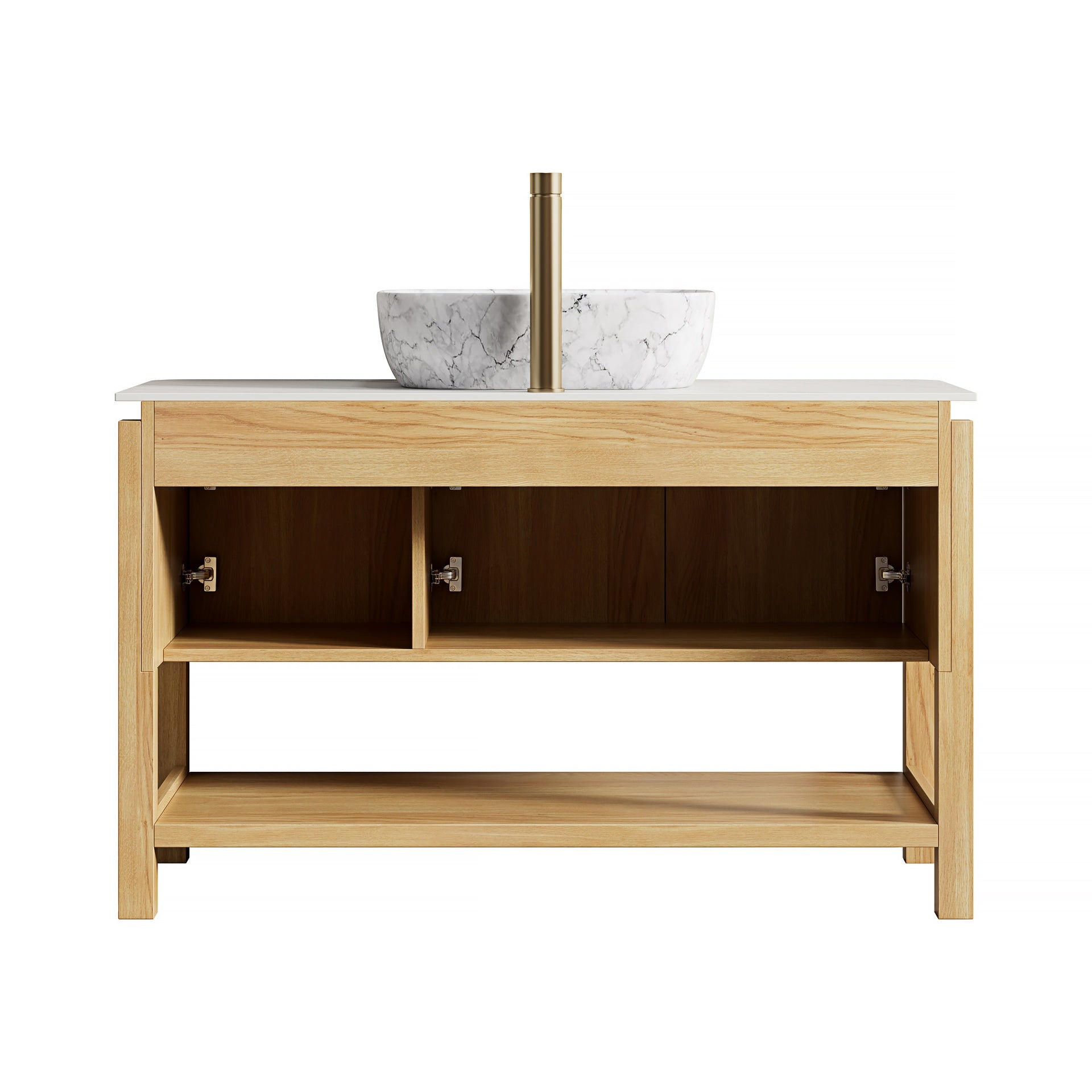SHARMA 48" Bathroom Vanity&Sink, Freestanding Plywood Storage Cabinet with 3 Bamboo Texture Doors&Open Shelf, Marble Pattern Ceramic Vessel Basin&Carrara White Sintered Stone Top, Woodgrain Color