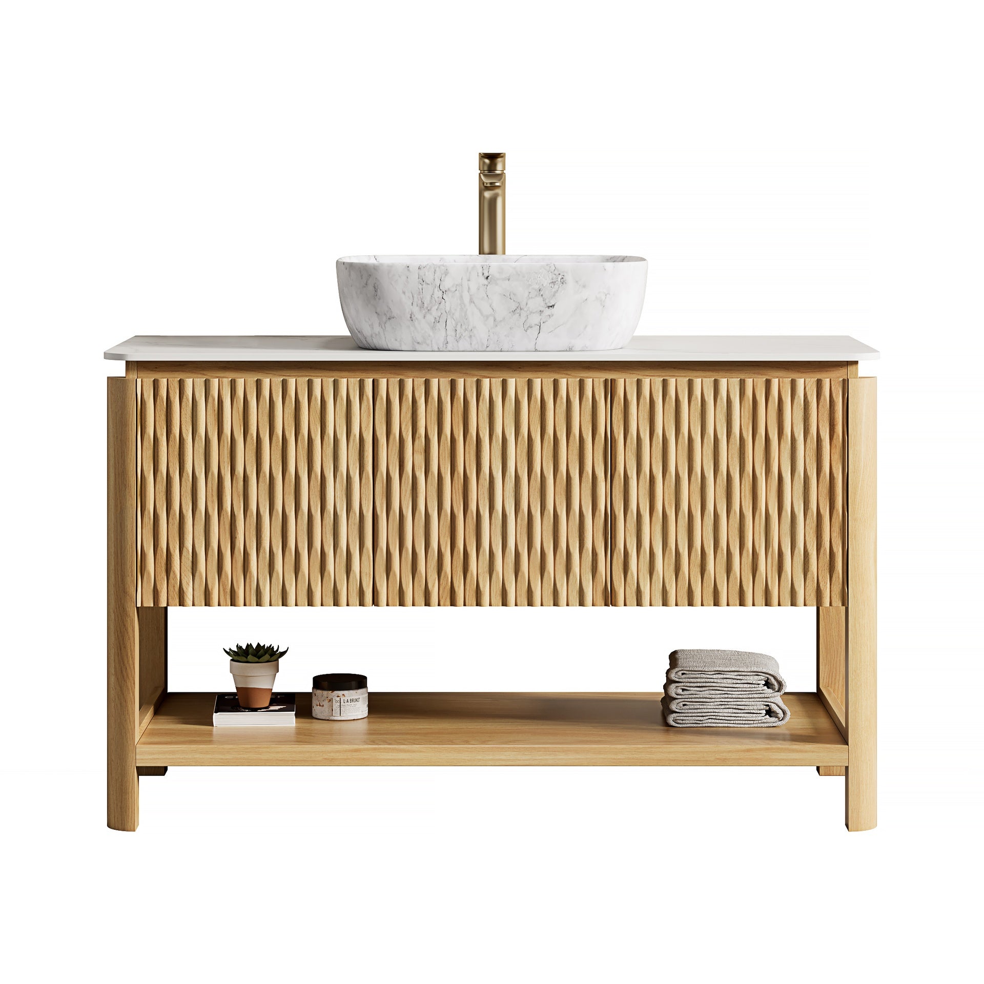 SHARMA 48" Bathroom Vanity&Sink, Freestanding Plywood Storage Cabinet with 3 Bamboo Texture Doors&Open Shelf, Marble Pattern Ceramic Vessel Basin&Carrara White Sintered Stone Top, Woodgrain Color