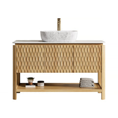 SHARMA 48" Bathroom Vanity&Sink, Freestanding Plywood Storage Cabinet with 3 Bamboo Texture Doors&Open Shelf, Marble Pattern Ceramic Vessel Basin&Carrara White Sintered Stone Top, Woodgrain Color