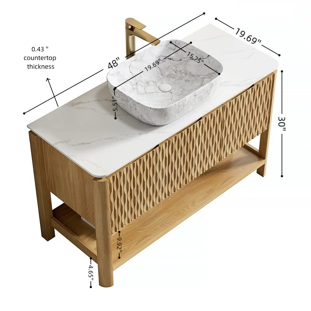 SHARMA 48" Bathroom Vanity&Sink, Freestanding Plywood Storage Cabinet with 3 Bamboo Texture Doors&Open Shelf, Marble Pattern Ceramic Vessel Basin&Carrara White Sintered Stone Top, Woodgrain Color