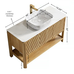 SHARMA 48" Bathroom Vanity&Sink, Freestanding Plywood Storage Cabinet with 3 Bamboo Texture Doors&Open Shelf, Marble Pattern Ceramic Vessel Basin&Carrara White Sintered Stone Top, Woodgrain Color