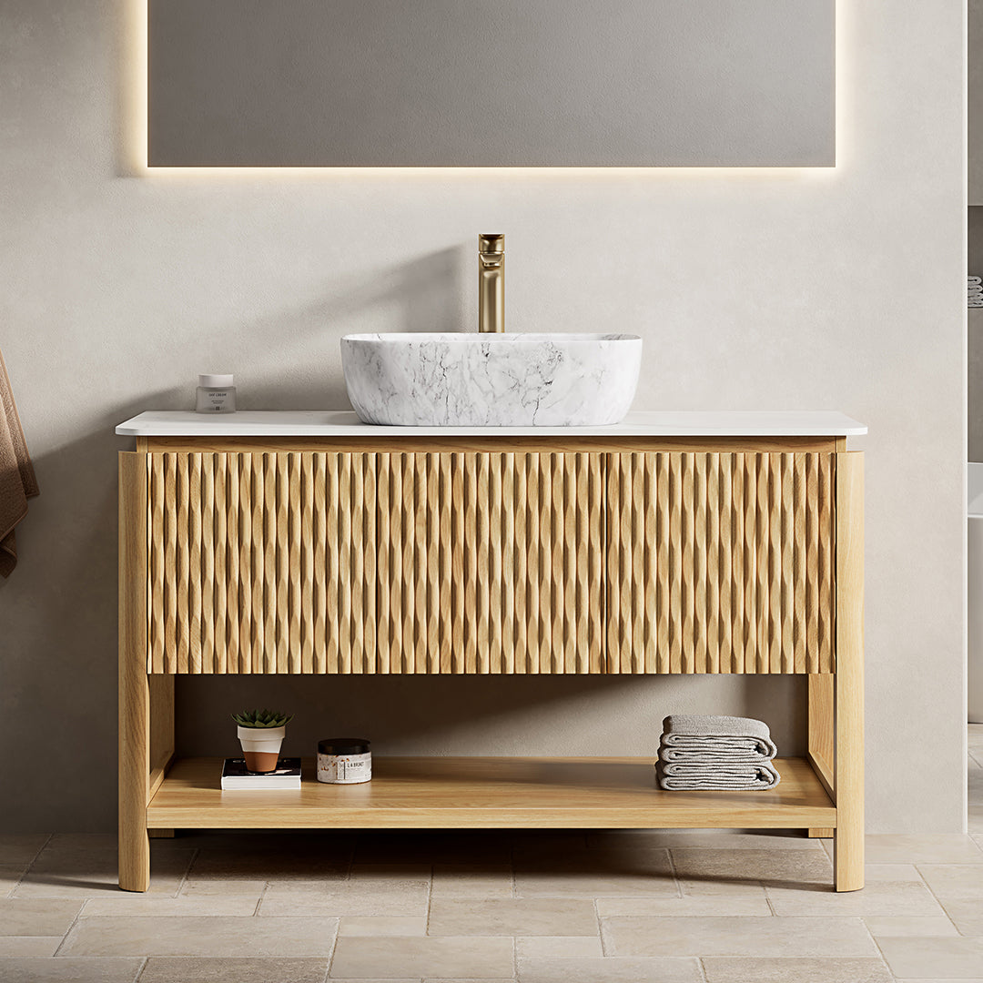 SHARMA 48" Bathroom Vanity&Sink, Freestanding Plywood Storage Cabinet with 3 Bamboo Texture Doors&Open Shelf, Marble Pattern Ceramic Vessel Basin&Carrara White Sintered Stone Top, Woodgrain Color