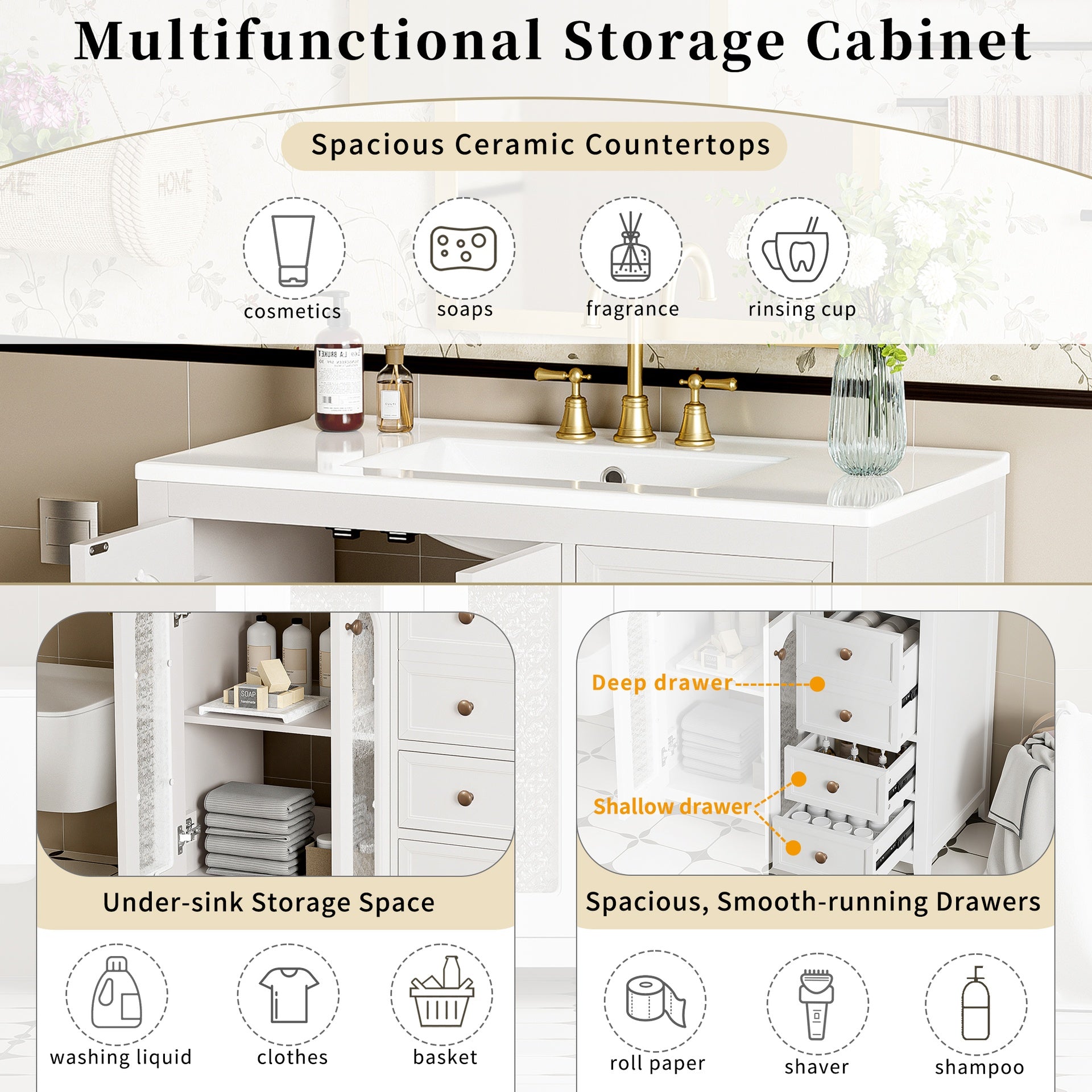 36.02-inch bathroom vanity with two soft-close doors, adjustable shelves and three drawers