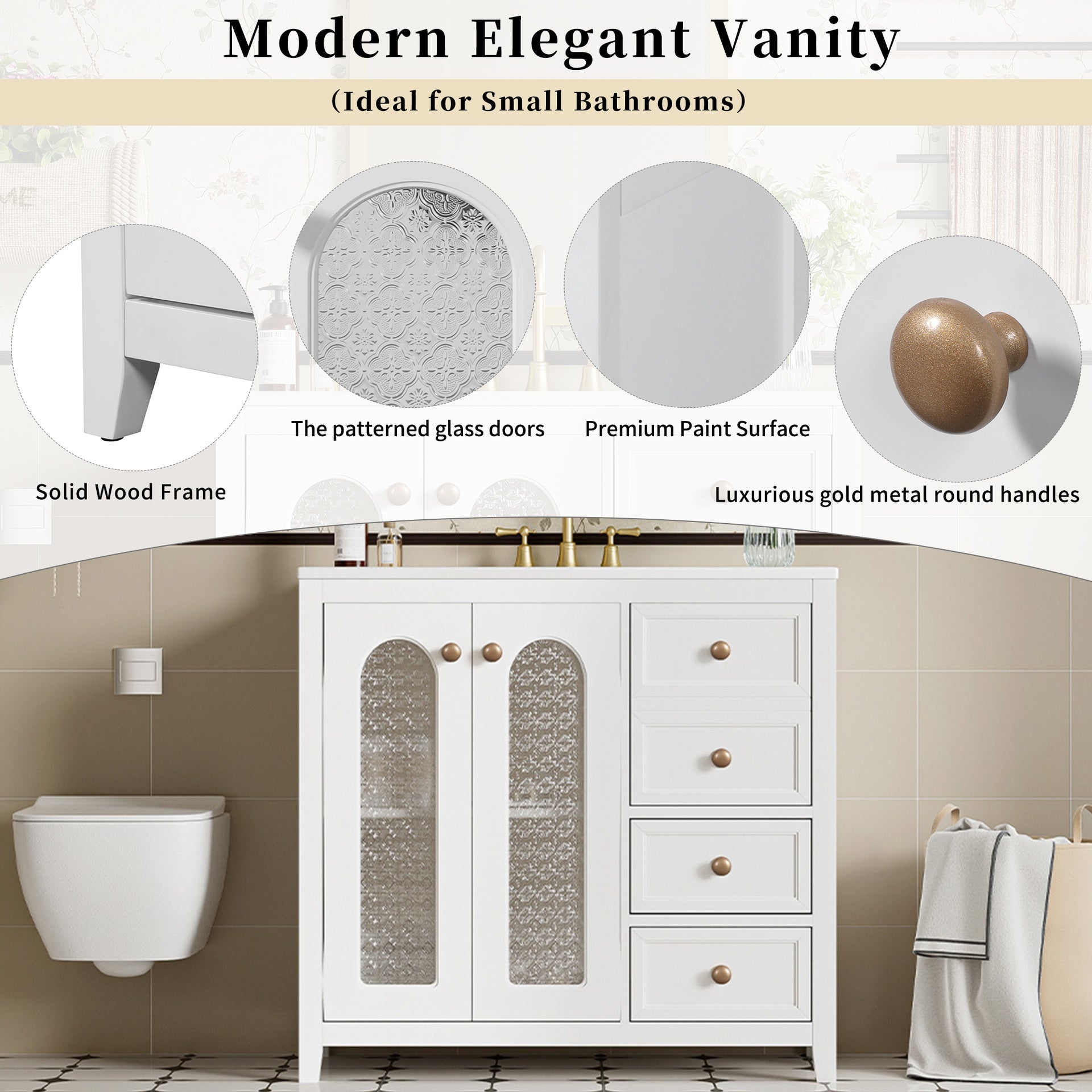 36.02-inch bathroom vanity with two soft-close doors, adjustable shelves and three drawers