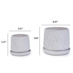Handmade White Glossy Ceramic Planter Set of 2, 6" & 8" Diameter, Leaf Pattern Design, for Succulents and Herbs Indoor/Outdoor Shelf & Table Use, Breathable Clay with Saucers