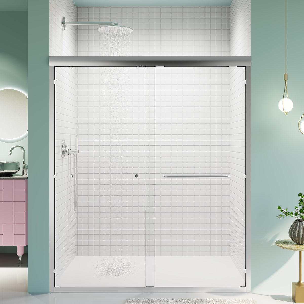 56"-60"W*70" H  Semi-Frameless Double Sliding Shower Door, Bypass Shower Door, 1/4" (6mm) Thick SGCC Tempered Glass Door,  Chrome