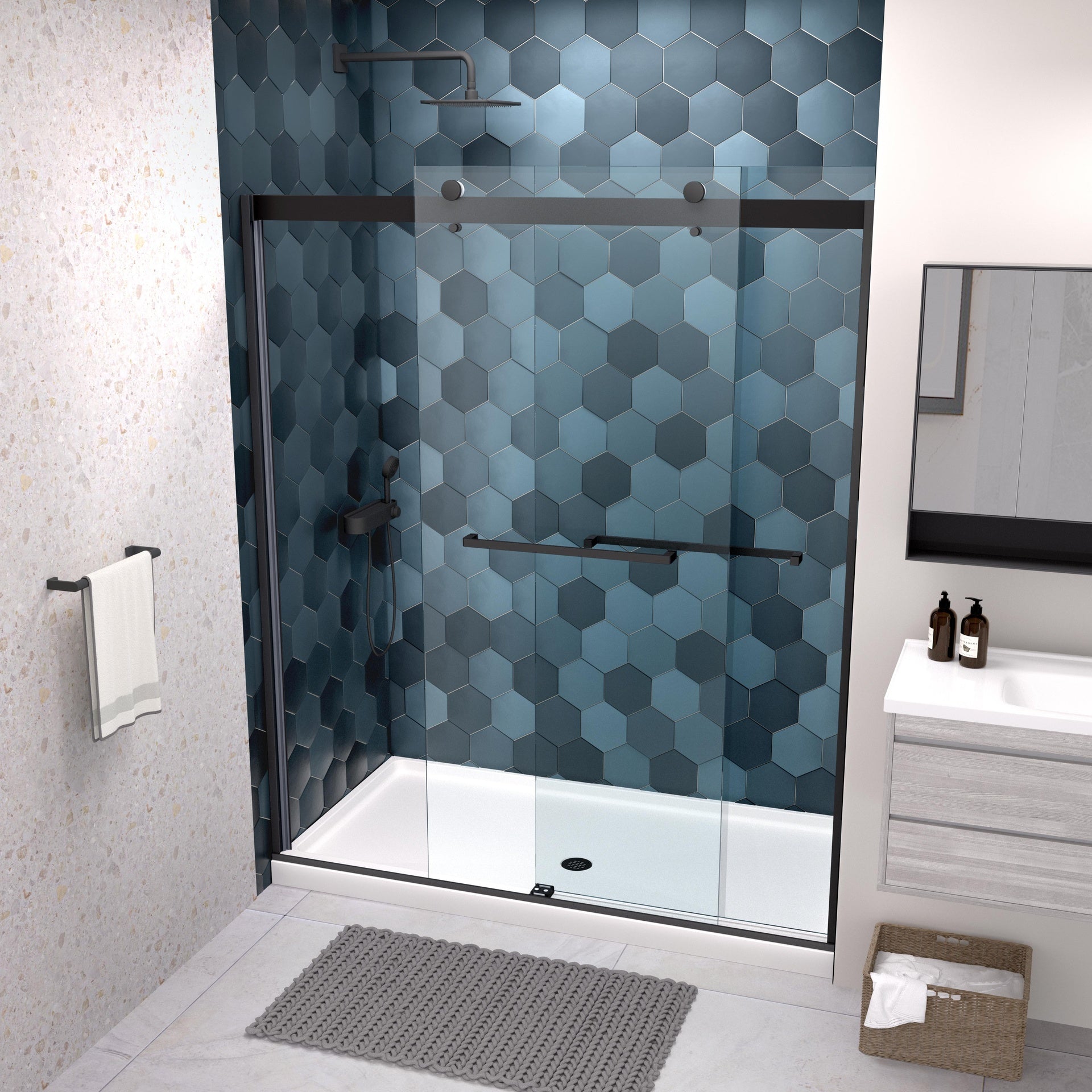Bypass shower door, sliding door, with 5/16" tempered glass and Matted black finish 6074