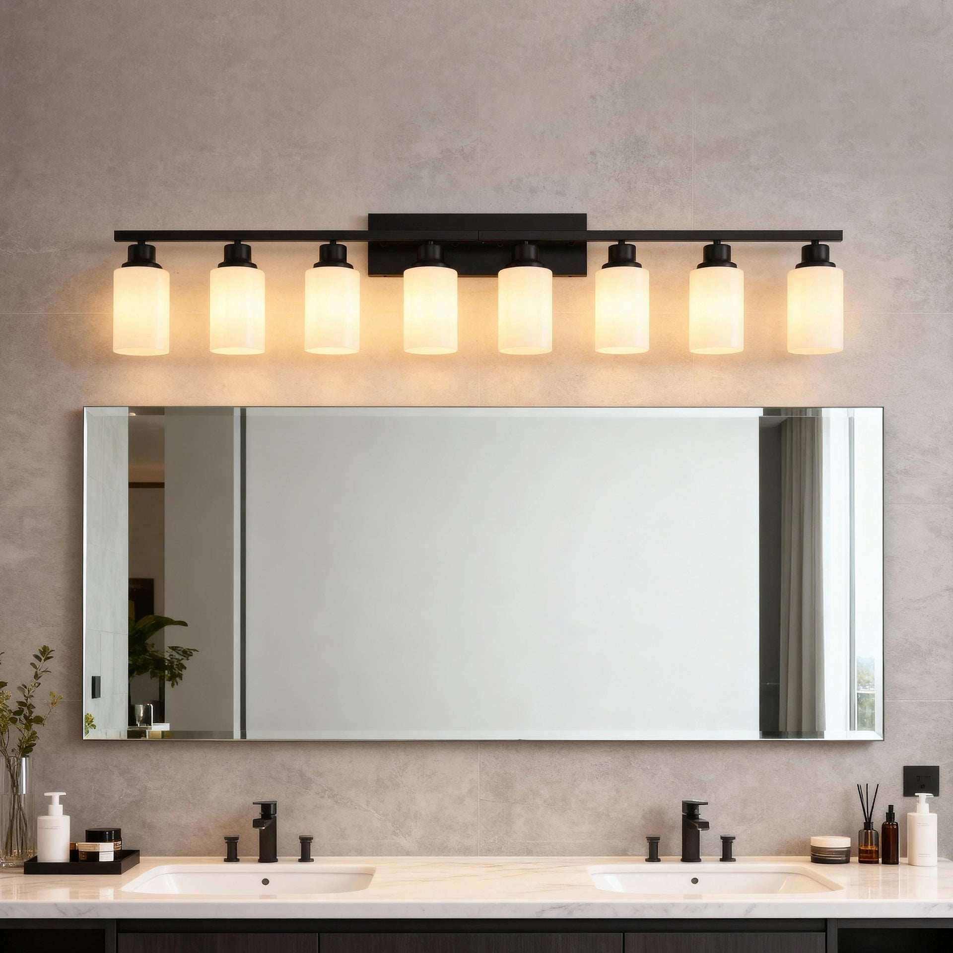 Wall Lamp 8-Light ,Bathroom Vanity Light, Matte Black Bathroom Light Fixtures, Modern Wall Light with  Glass Shade, Wall Sconce Lighting for Bedroom Living Room(NO INCLUDED BULBS)-E26