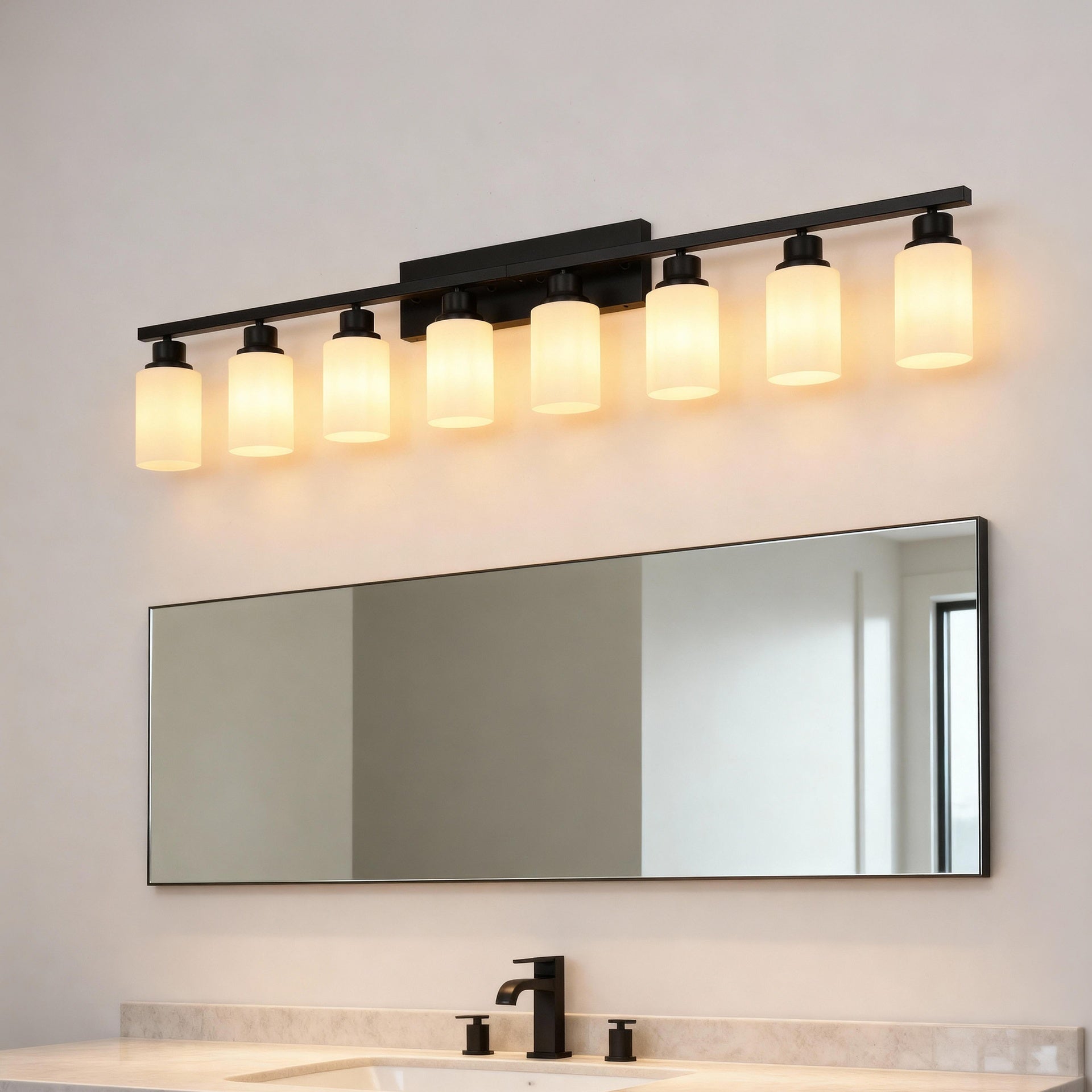 Wall Lamp 8-Light ,Bathroom Vanity Light, Matte Black Bathroom Light Fixtures, Modern Wall Light with  Glass Shade, Wall Sconce Lighting for Bedroom Living Room(NO INCLUDED BULBS)-E26
