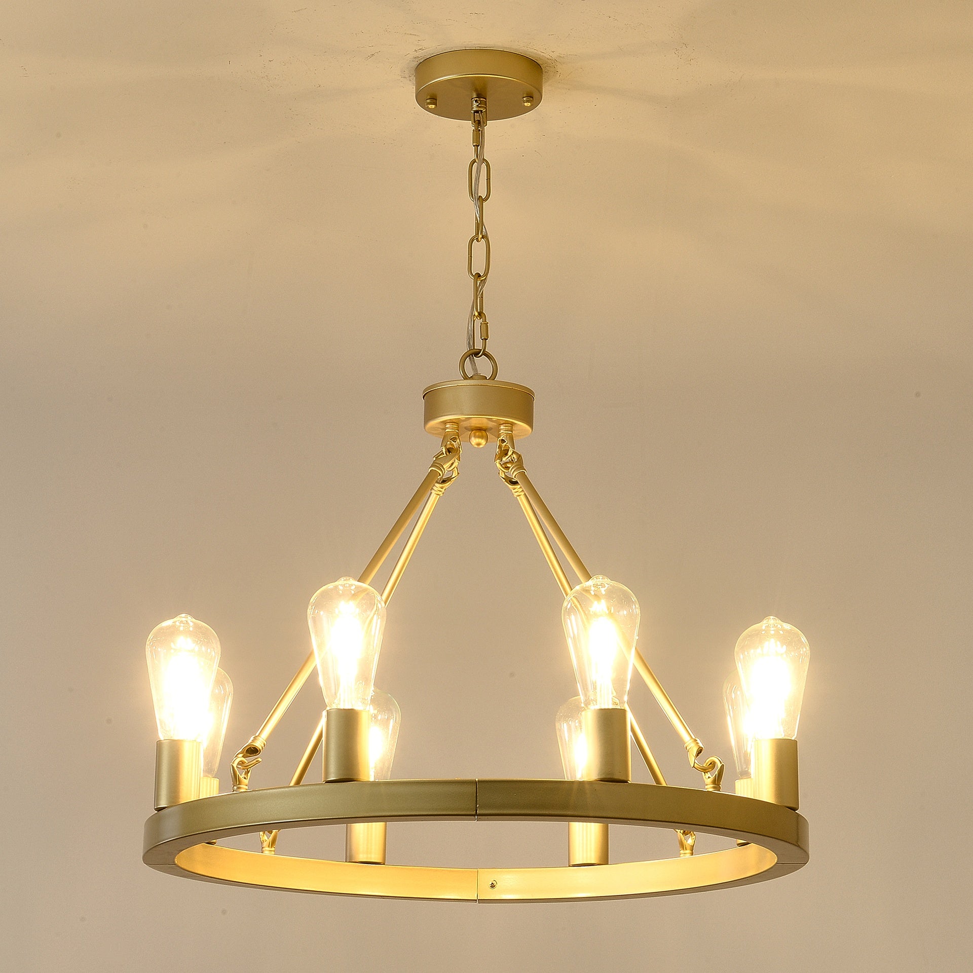Wagon Wheel Chandelier Farmhouse Modern Small Round Chandelier for Living Room Kitchen Island Foyer Hallway Entryway Bedroom Dining Room Light Fixture Ceiling Hanging--Gold-E12--No Included Bulbs