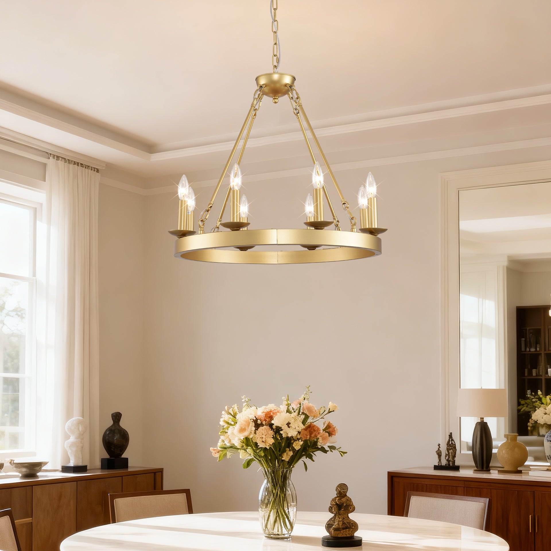 Wagon Wheel Chandelier Farmhouse Modern Small Round Chandelier for Living Room Kitchen Island Foyer Hallway Entryway Bedroom Dining Room Light Fixture Ceiling Hanging--Gold-E12--No Included Bulbs