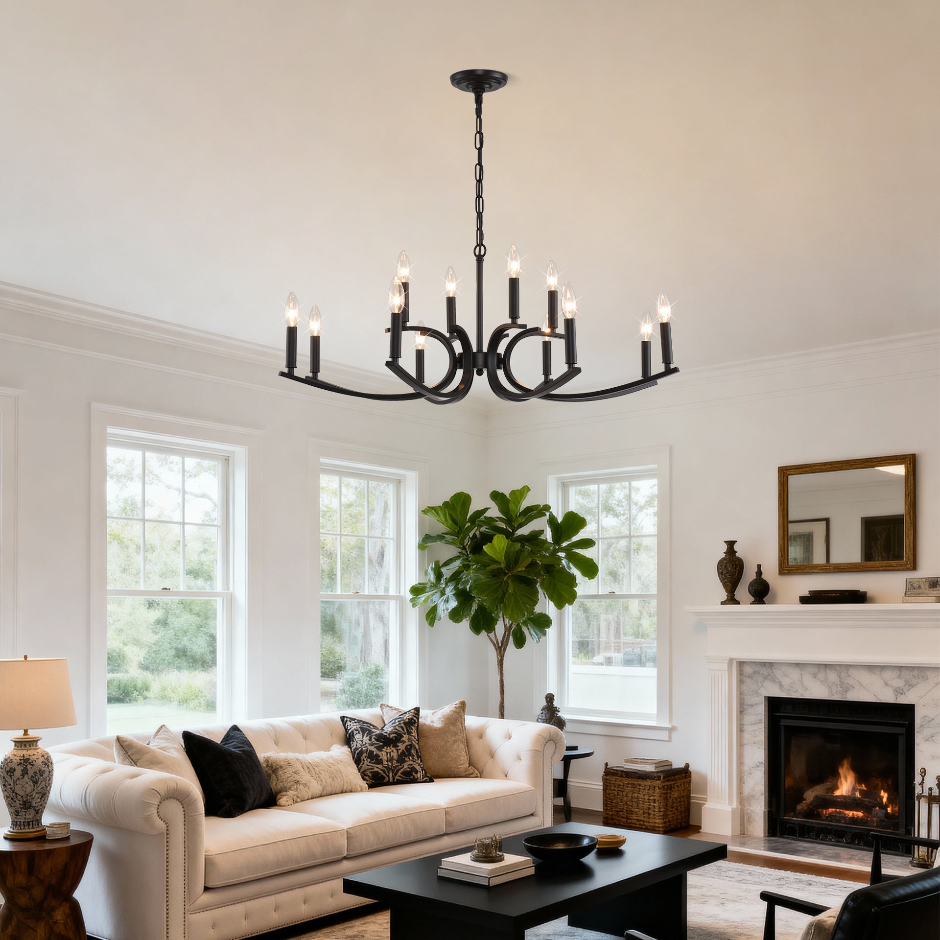 12-Light Farmhouse Chandelier, Black Metal Chandeliers  Light Fixtures Industrial for High Ceiling Living Dining Room Foyer. Adjustable Height-E12 (NO Included Bulb)