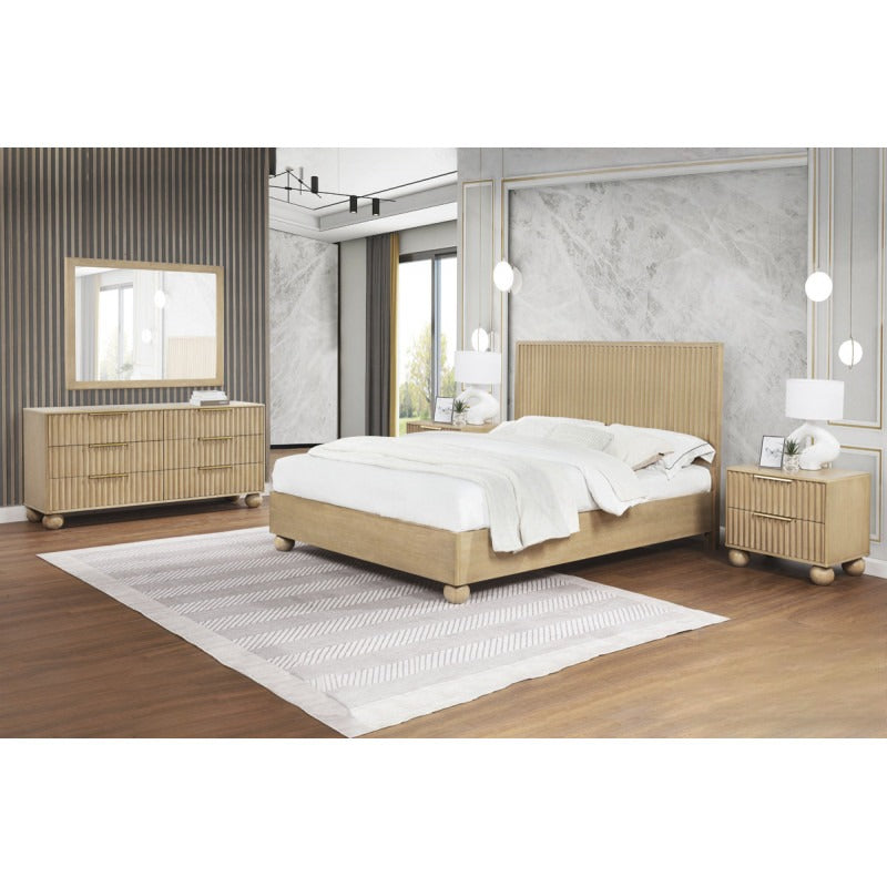 Modern Bedroom 2 Drawer Nightstand with Fluted Panels, Wooden Bedside Table, Rounded Legs, Light Oak
