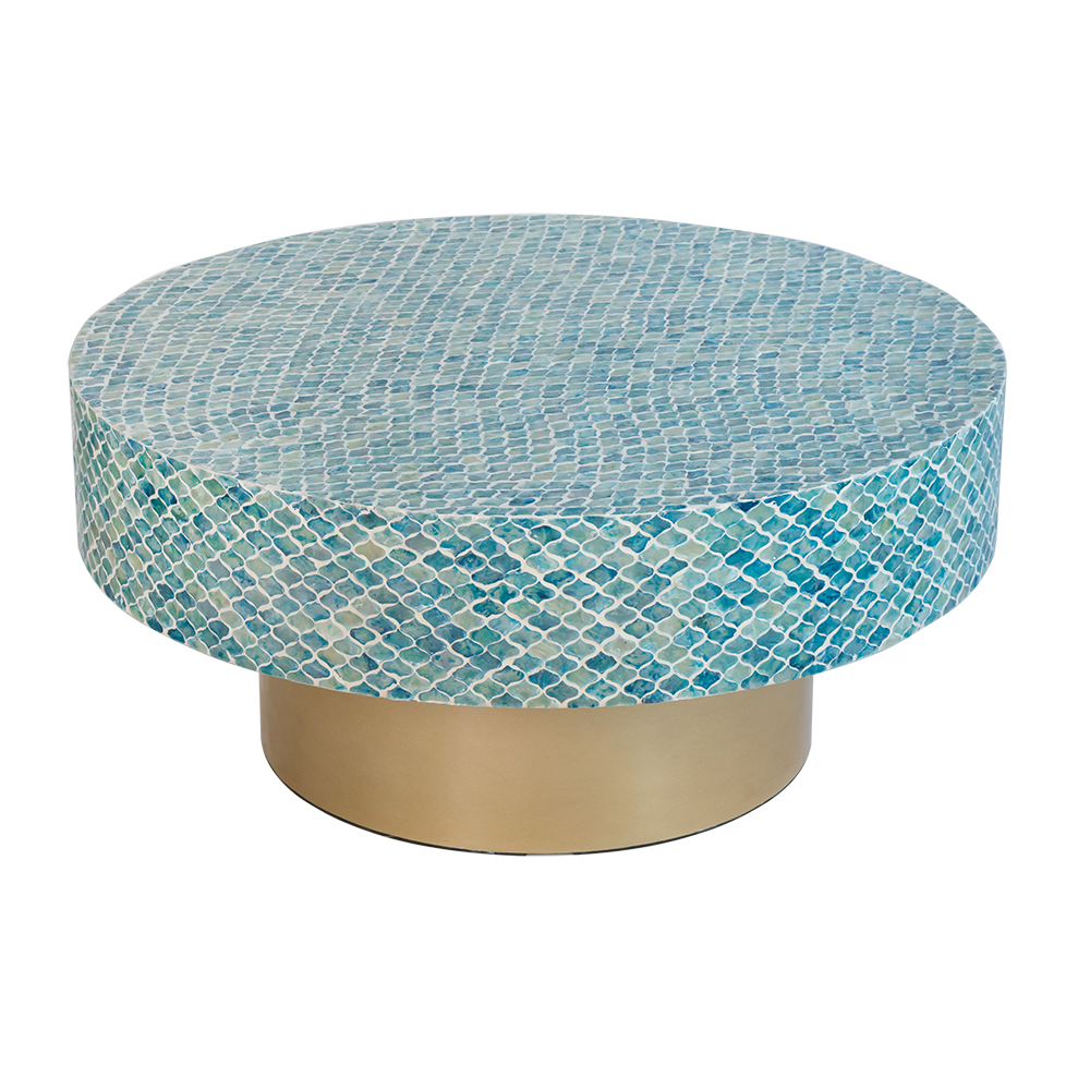 35x35x16" Unique Hyperion Capiz Inlay Drum Coffee Table with Gold Pedestal Base