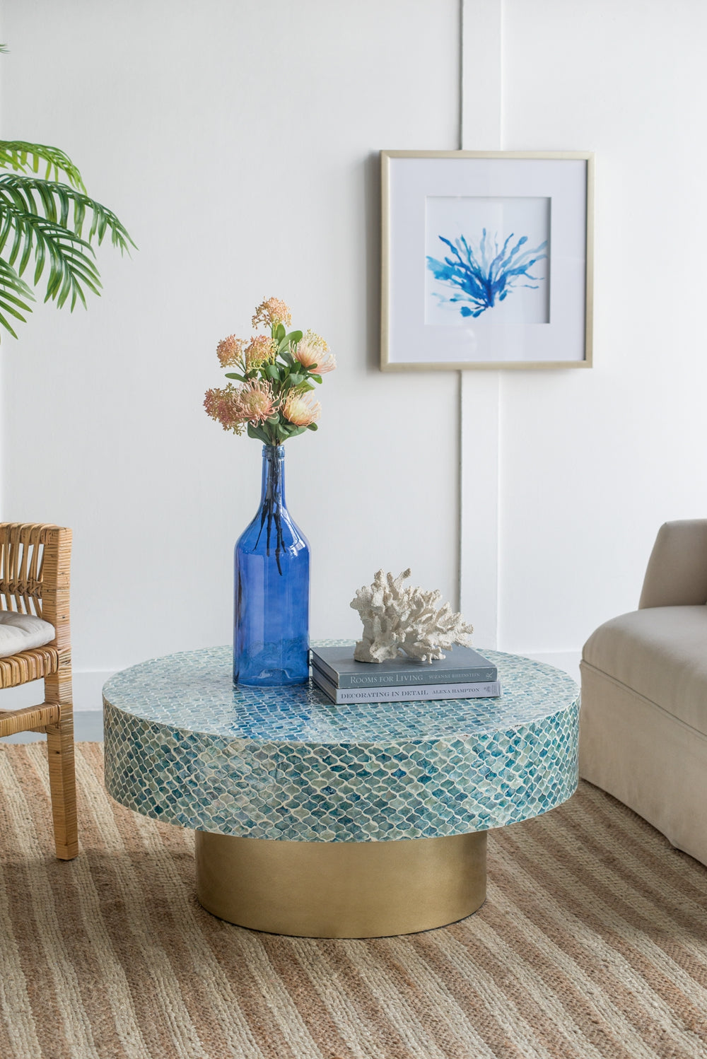 35x35x16" Unique Hyperion Capiz Inlay Drum Coffee Table with Gold Pedestal Base