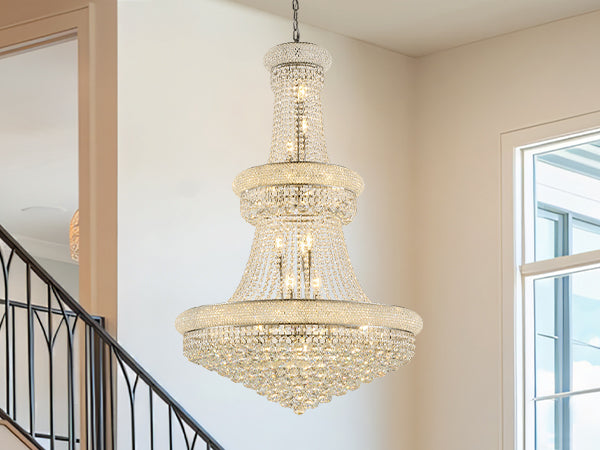 32-Inch Silver Crystal Chandelier, 27-Light French Empire Ceiling Light with LED Bulbs, Adjustable 59-Inch Chain, 3000K Warm Light, Perfect for Dining Room, Living Room, and Foyer