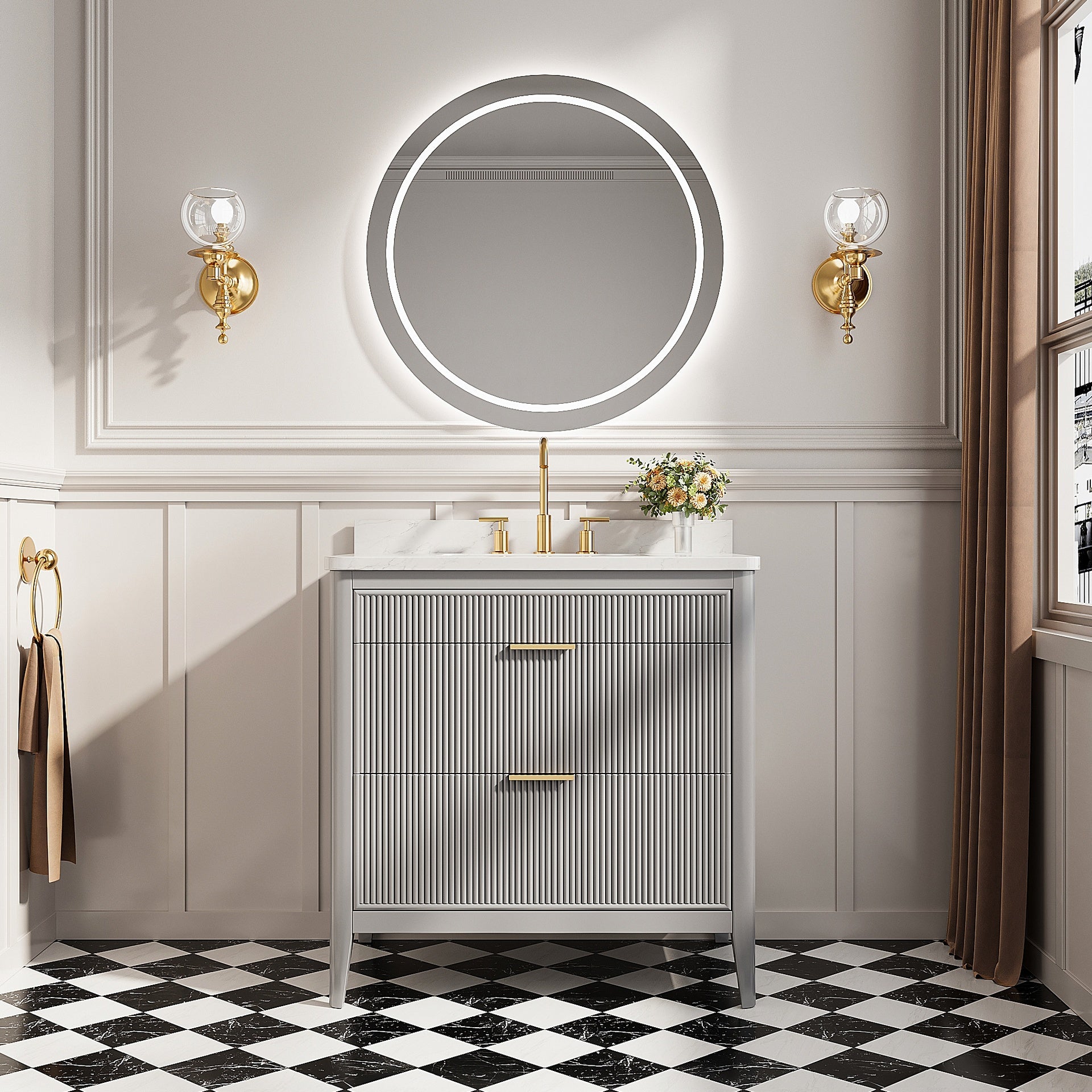 Fully Assembled 36''  Grey Freestanding Single Sink Bathroom Vanity with 2 Handle Sets and Engineered Marble Top