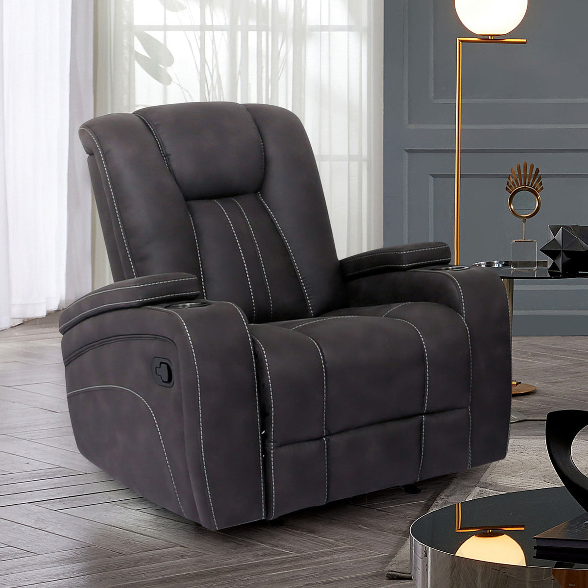 Transitional Style Glider Recliner Channel Back And Seat Design Cup Holder Lift Up Armrest Dark Gray Finish