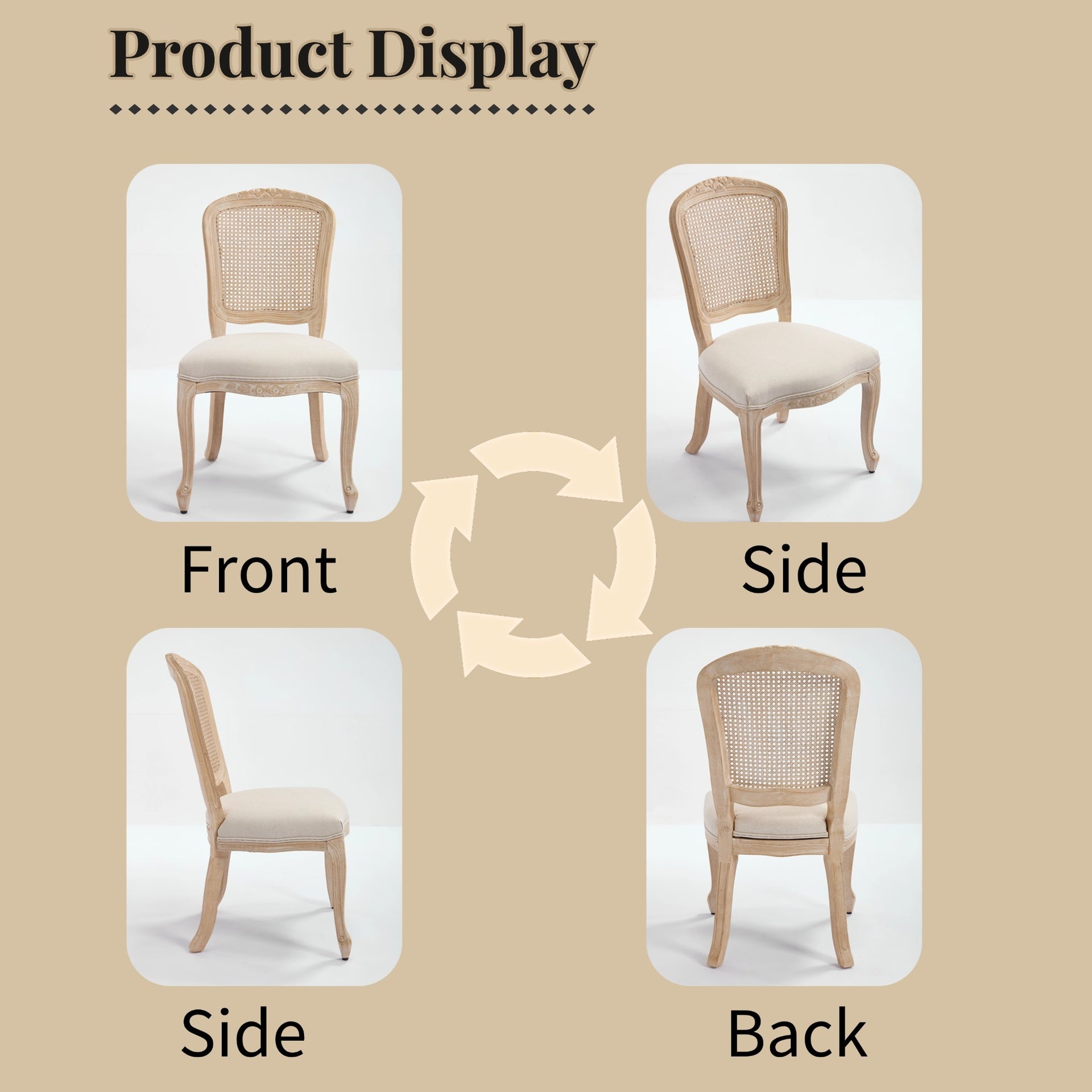 French Country Dining Chairs Set of 2, Upholstered  Chairs with Nature Rattan Fan-shaped Back, Wire drawing and carving techniques ,Disassemblable ,  for Living Room, Kitchen , Restaurant Use, Beige