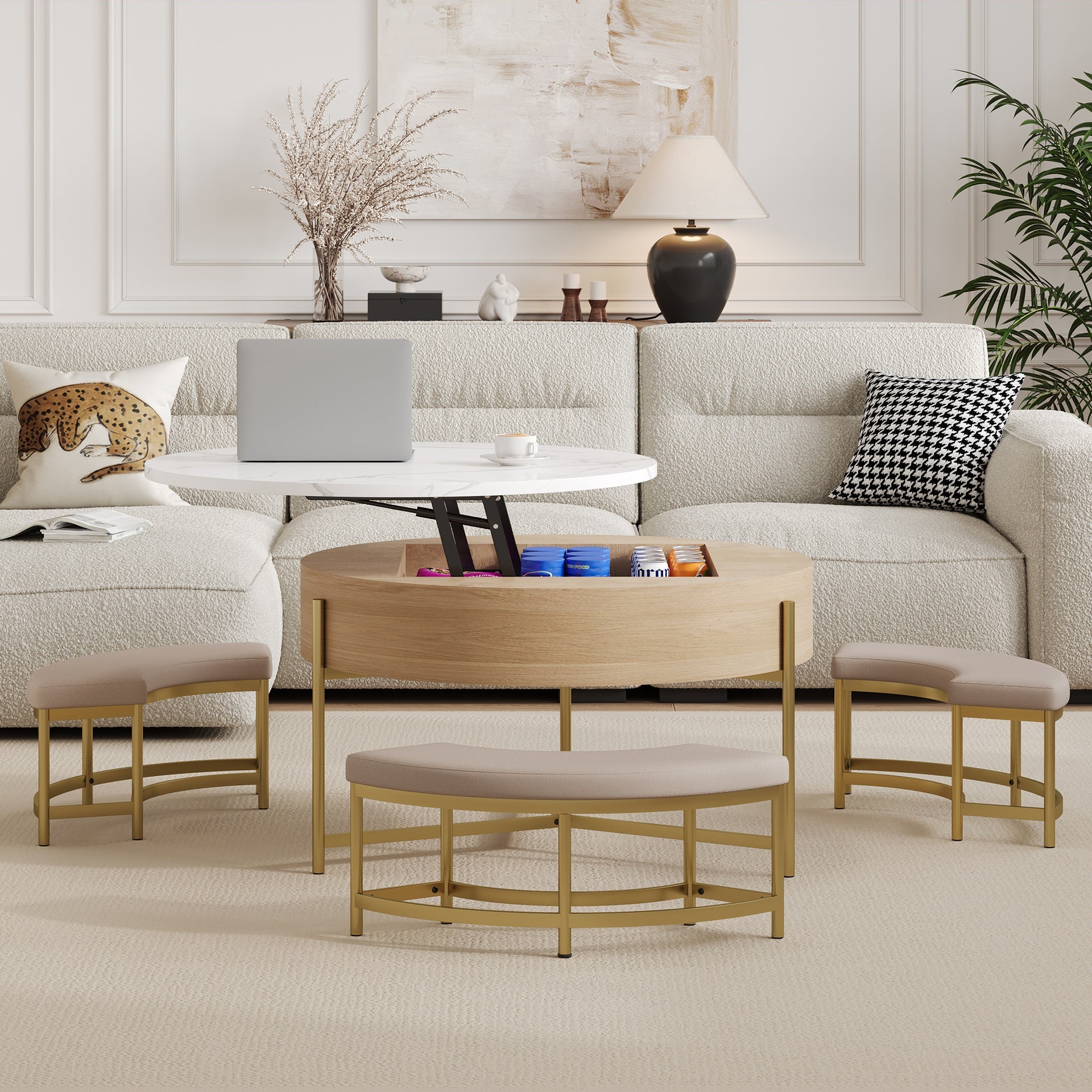 Modern Round Lift-Top Coffee Table with Storage & 3 Ottoman White & Natural