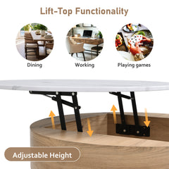 Modern Round Lift-Top Coffee Table with Storage & 3 Ottoman White & Natural