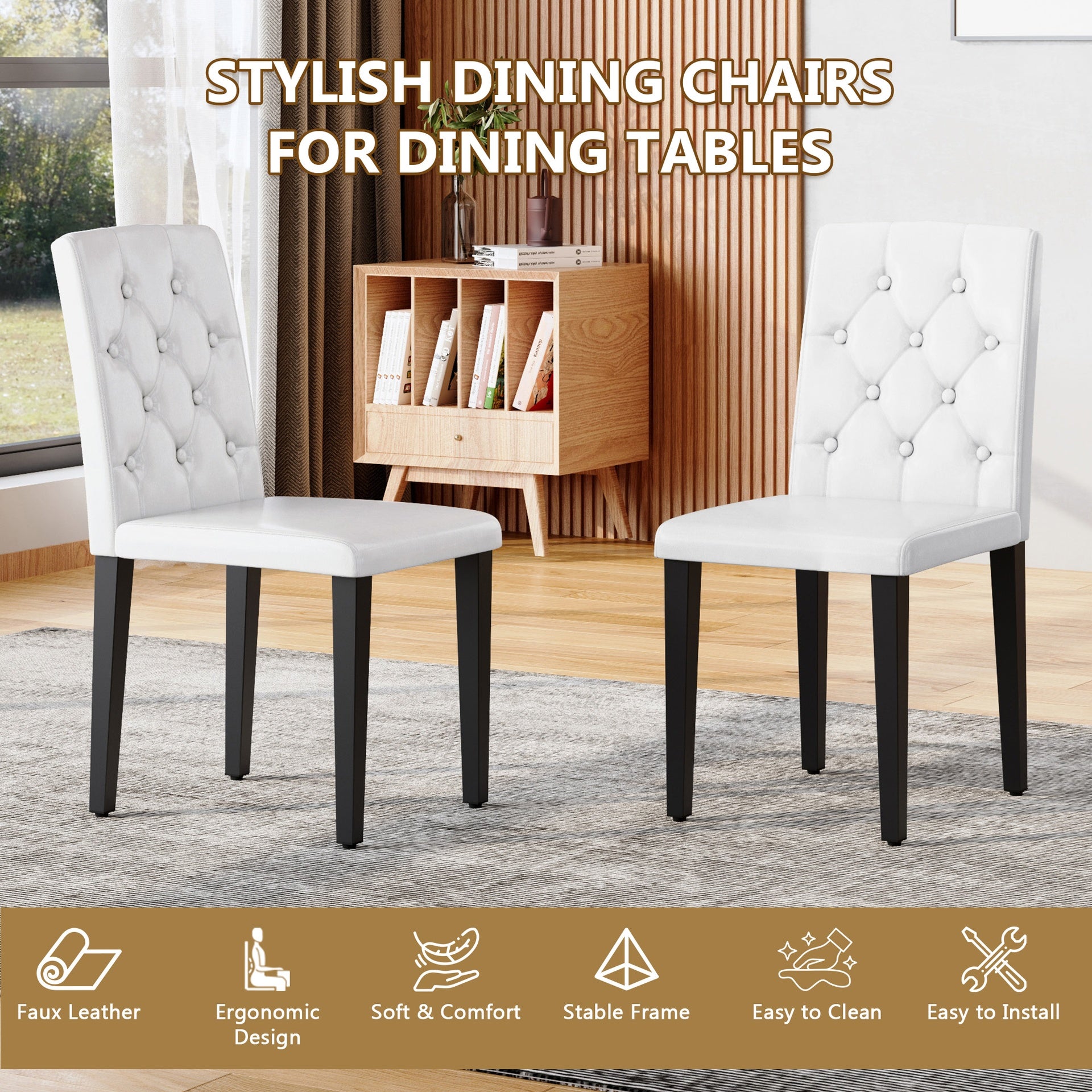 4-pack white PU dining chairs: ergonomic buckle backrest, 35 inches high, black metal legs,Combines Comfort and Texture.Perfectly suitable for family dining rooms, hotel banquet halls,etc.W1151P295718