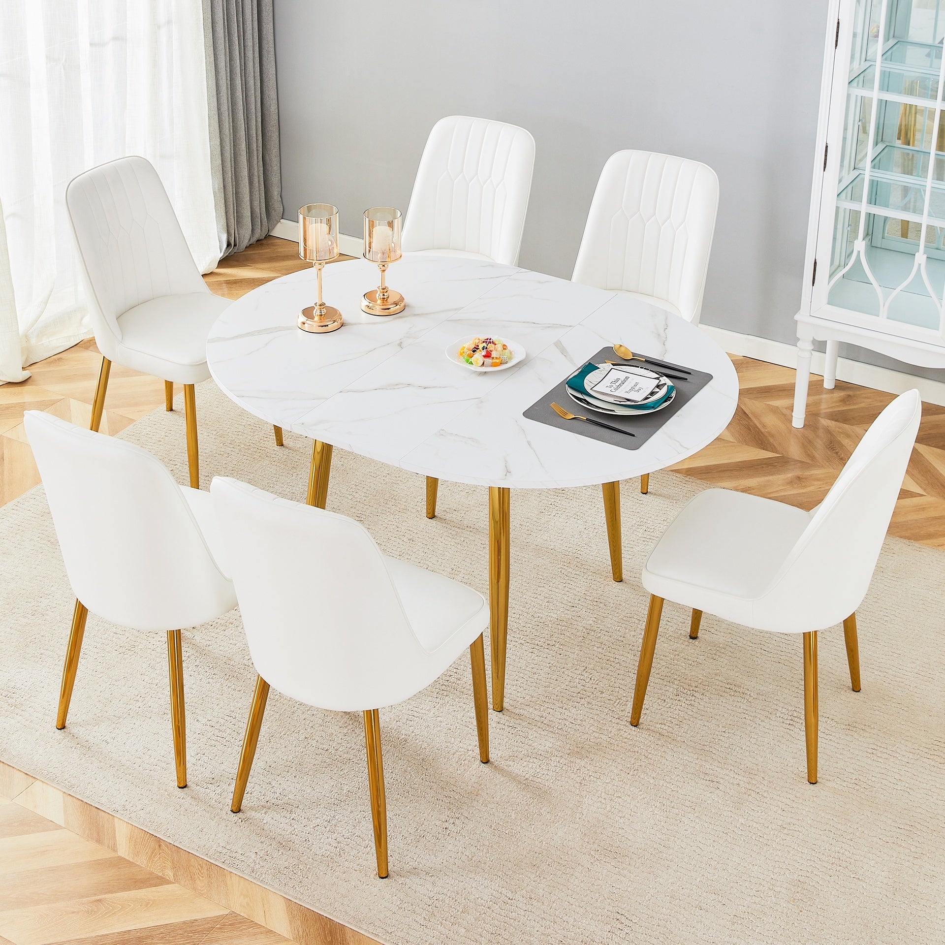 Table and chair set.Extendable MDF Dining Table.The pull-out table is suitable for gatherings of different size.Paired with 6 White PU Chairs with Simple Line Designs On The Backrest.
