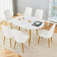 Table and chair set.Extendable MDF Dining Table.The pull-out table is suitable for gatherings of different size.Paired with 6 White PU Chairs with Simple Line Designs On The Backrest.