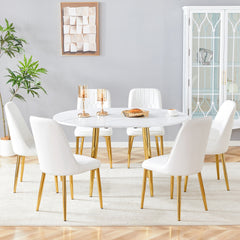 Table and chair set.Extendable MDF Dining Table.The pull-out table is suitable for gatherings of different size.Paired with 6 White PU Chairs with Simple Line Designs On The Backrest.