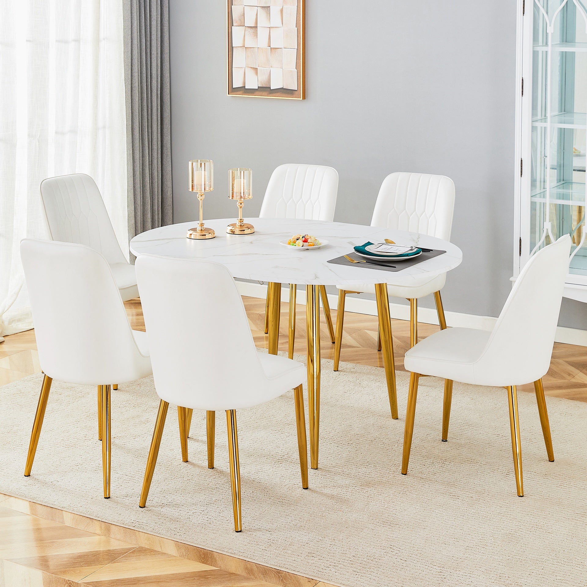 Table and chair set.Extendable MDF Dining Table.The pull-out table is suitable for gatherings of different size.Paired with 6 White PU Chairs with Simple Line Designs On The Backrest.