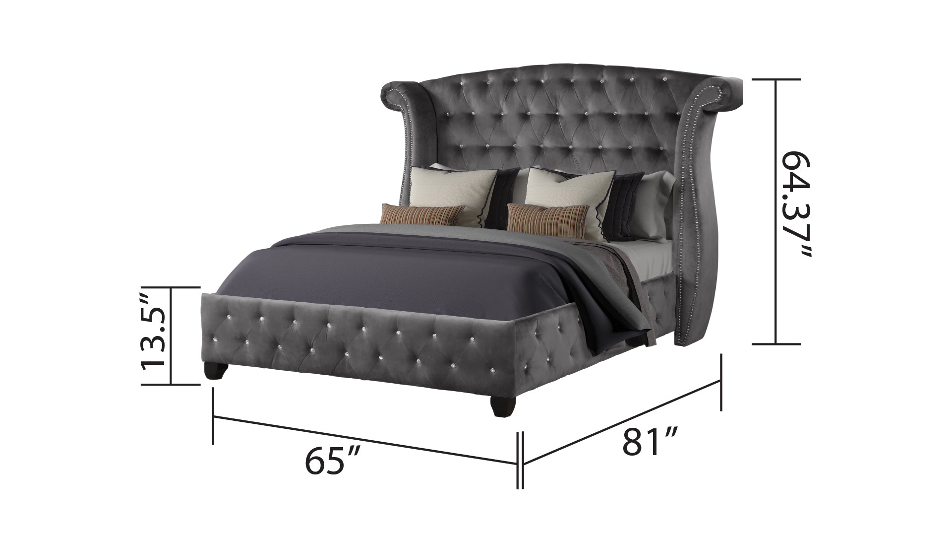 Sophia Modern style Crystal Tufted Queen Bed made with wood in Gray (CA Inventory)