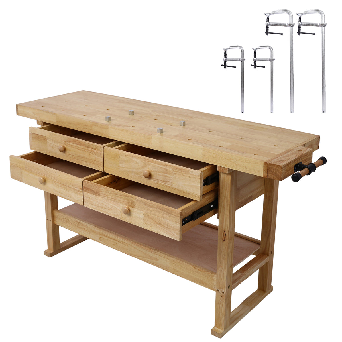 60in Workbench with 4 Drawers Wooden Workbench for Garage Workshop and Home, with Bar Clamps Set 2 pcs 12 inch x 3inch+ 2pcs 20inchx4-3/4" ,4pcs pack
