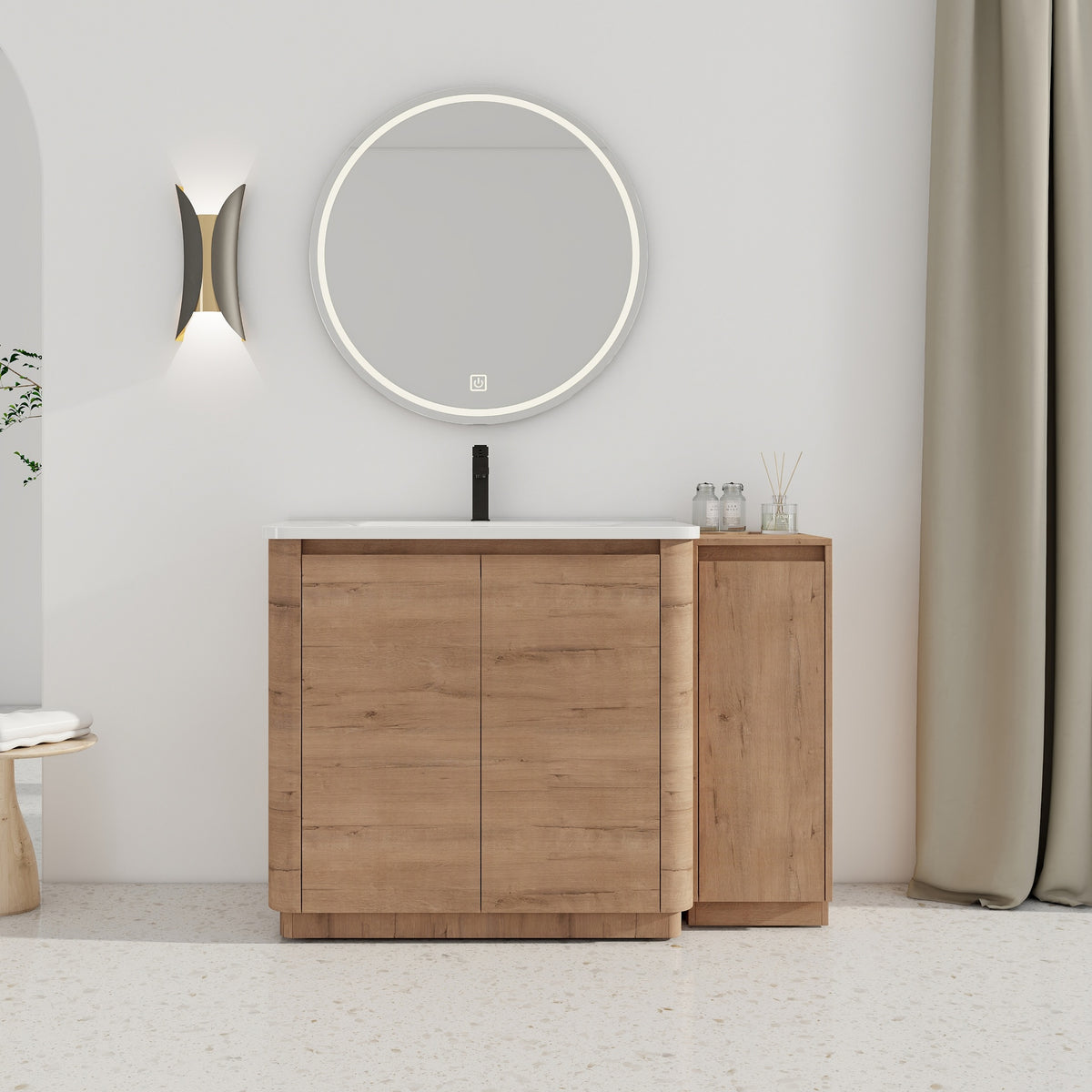 48'' Freestanding Bathroom Vanity with White Ceramic Sink, and 1-Small Storage Cabinet, Soft-Close Door, Imitative Oak, KD-Packing, Plywood