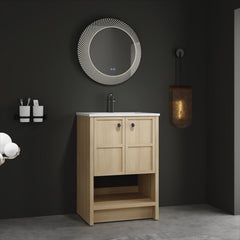 24" Freestanding Bathroom Vanity whit Ceramic Sink, 2-Soft Closing Door, Oak, Plywood