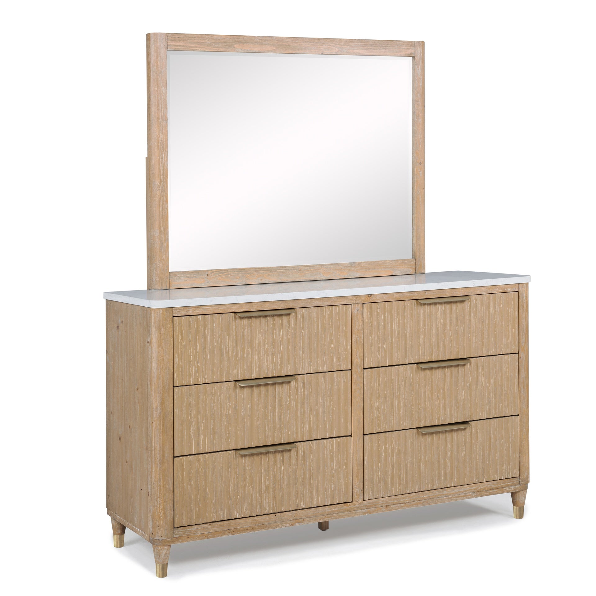 Modern Aesthetic Natural Wood Finish Ample Storage Space Six Drawers 1pc Dresser Engineered Stone Top Fully Extension Glide Brass-accented Hardware
