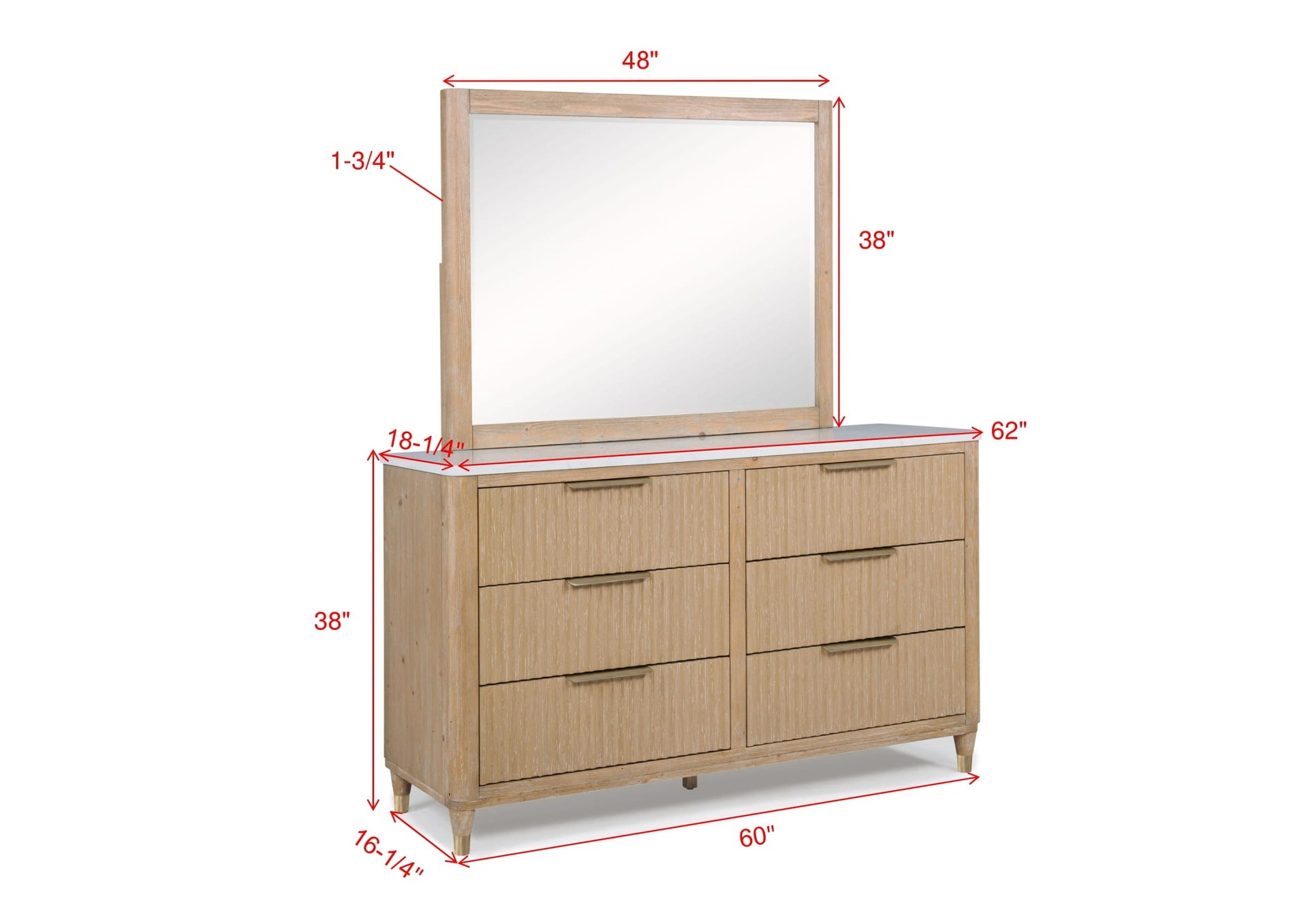 Modern Aesthetic Natural Wood Finish Ample Storage Space Six Drawers 1pc Dresser Engineered Stone Top Fully Extension Glide Brass-accented Hardware