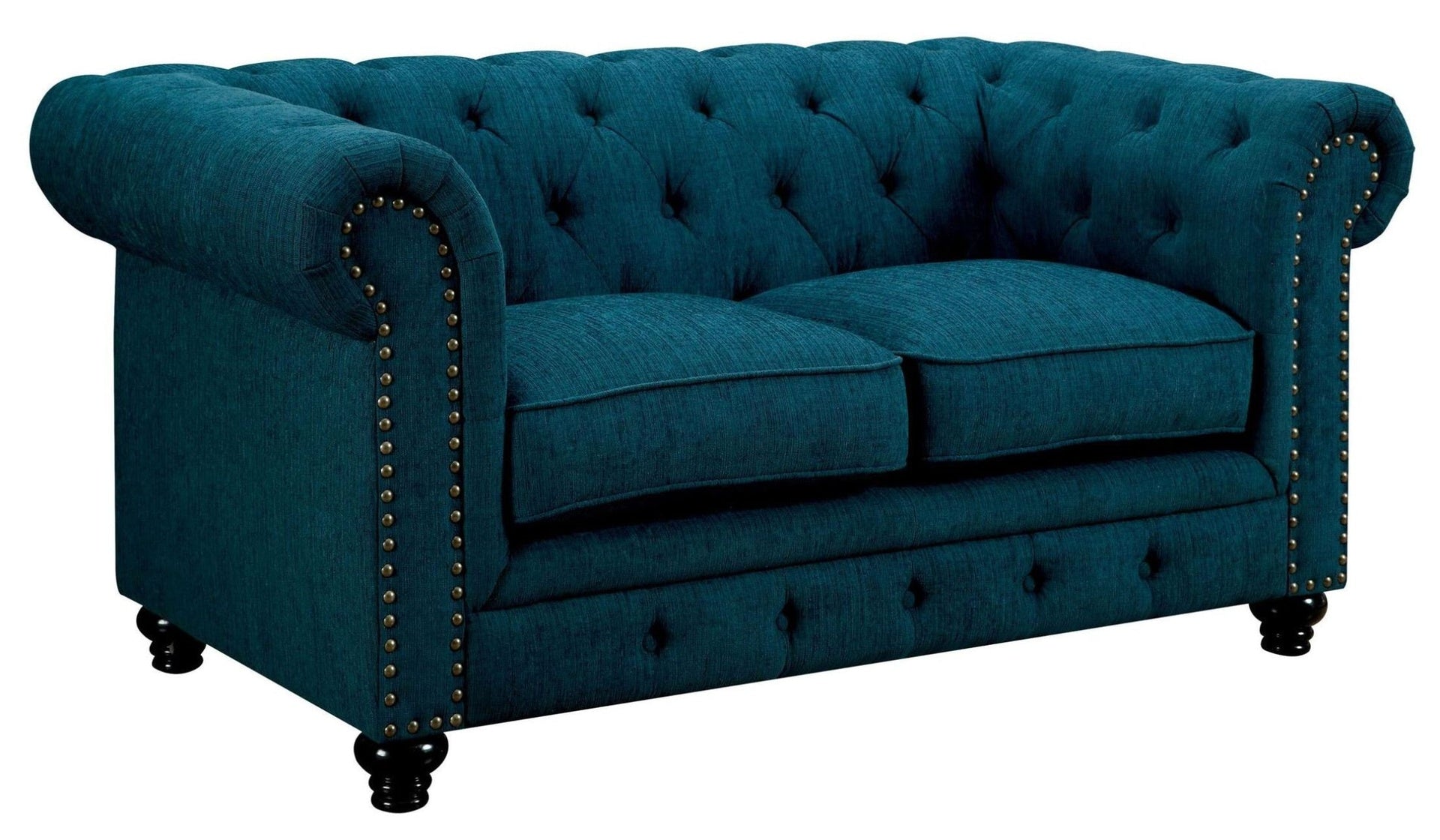Contemporary Dark Teal Color 1pc Loveseat Button Tufted Couch Rolled Arms Nailhead Trim Leatherette