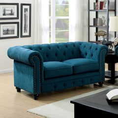 Contemporary Dark Teal Color 1pc Loveseat Button Tufted Couch Rolled Arms Nailhead Trim Leatherette