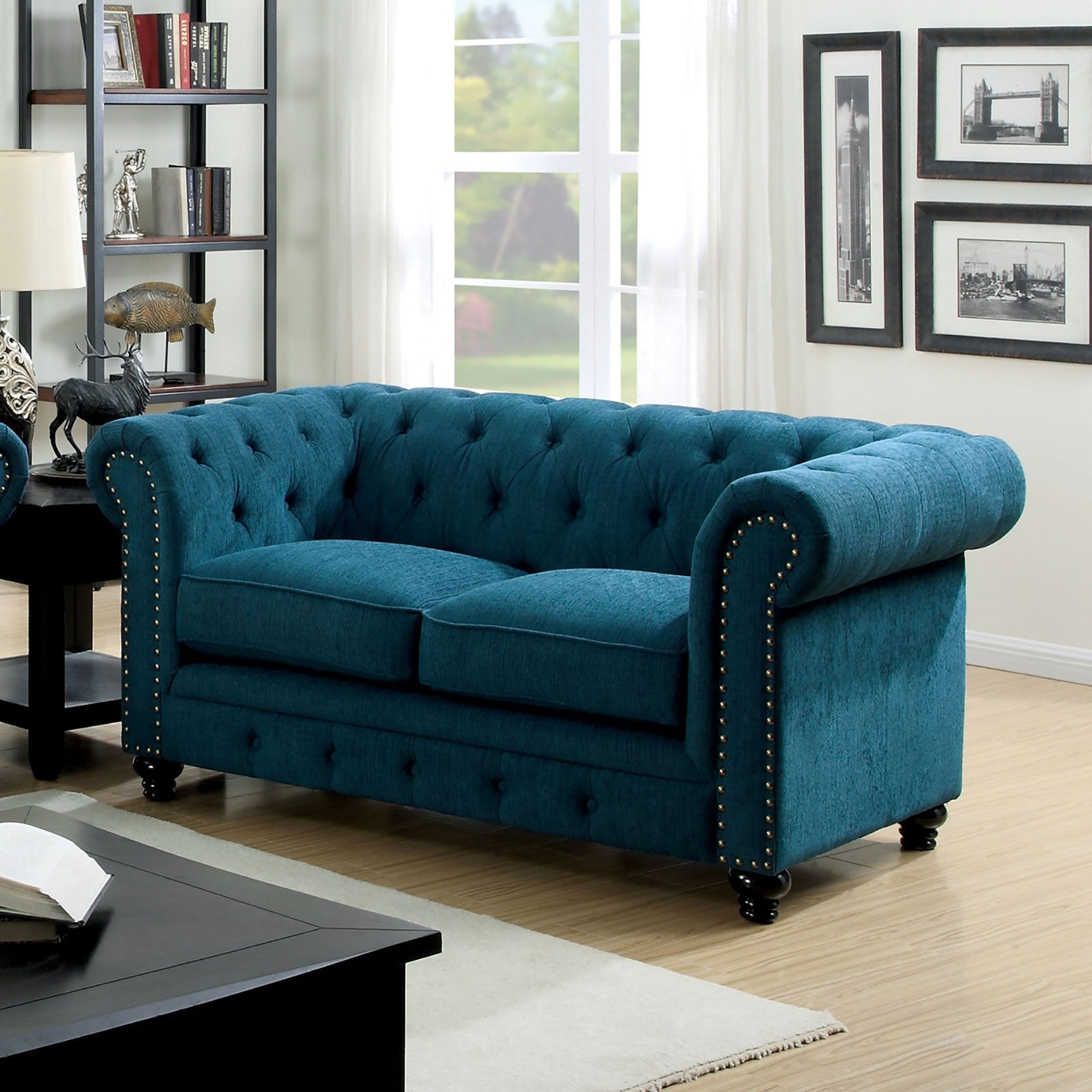 Contemporary Dark Teal Color 1pc Loveseat Button Tufted Couch Rolled Arms Nailhead Trim Leatherette