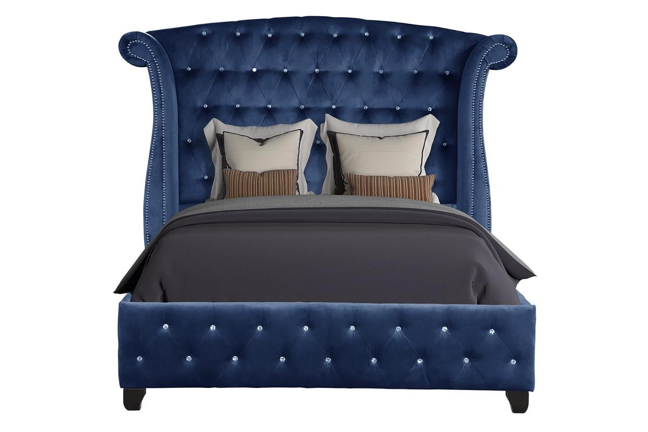 Modern Style Crystal Tufted Queen Velvet Fabric Upholstery Bed Made with Wood in Blue