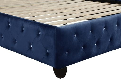 Modern Style Crystal Tufted Queen Velvet Fabric Upholstery Bed Made with Wood in Blue