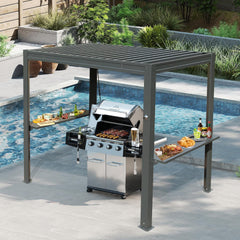 8x5 FT Grill Louvered Pergola for Outdoor Grill, Hardtop Grill Pergola with Built-in Gutter & Adjustable Rainproof Roof, Metal Shelter Gazebo for Patio Backyard Deck -Gray